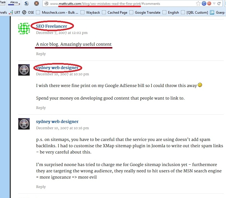 Some Irony from 2007 on MattCutts.com